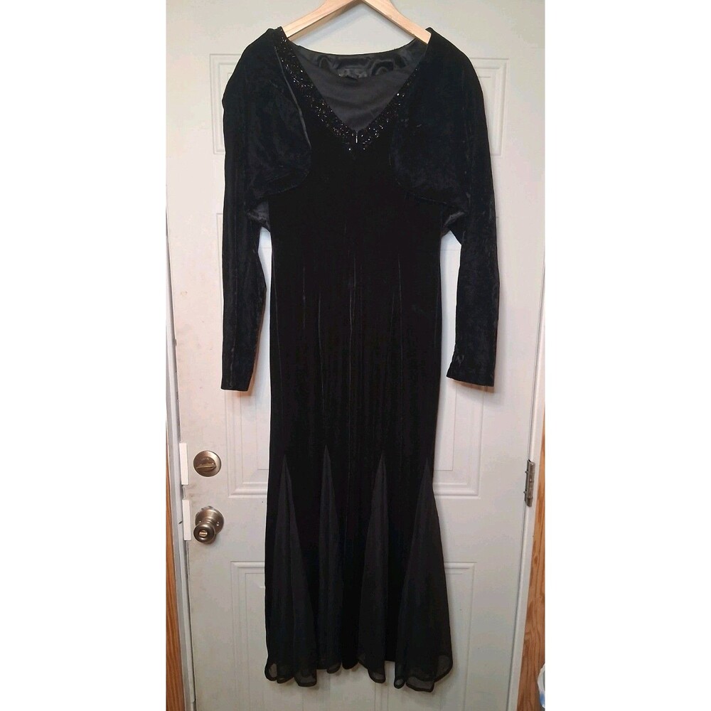 Scott McClintock Luxurious Plush Jet Black Velvet &Beads Maxi Dress & Jacket Set